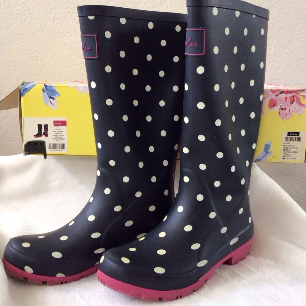 adidas Kids Polka Dot Rain Boots - Navy Blue and Pink